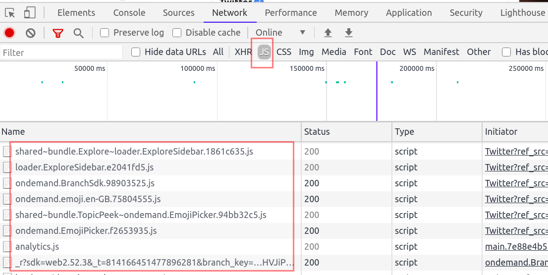 Network panel filtered to JavaScript resources