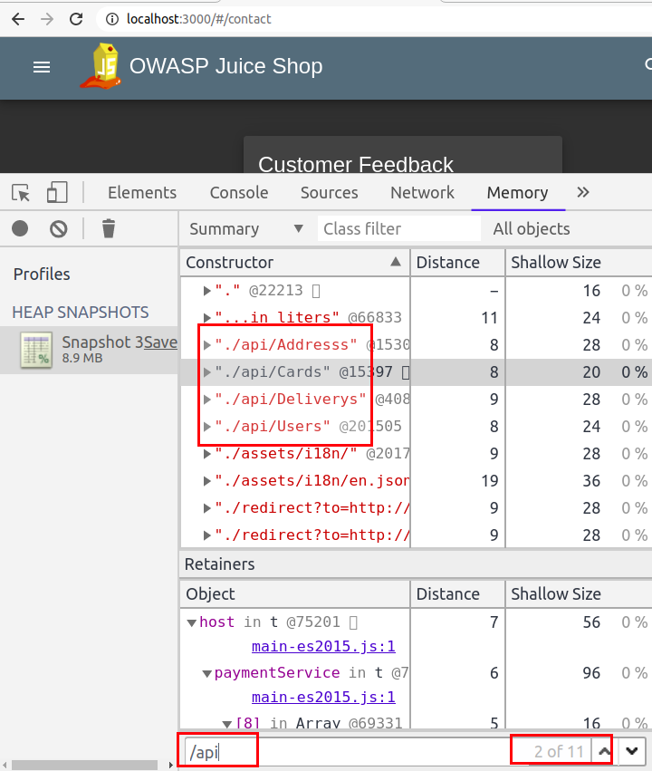 Additional API path matches in the heap snapshot