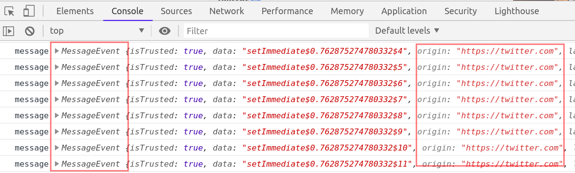 Console output from monitoring message events