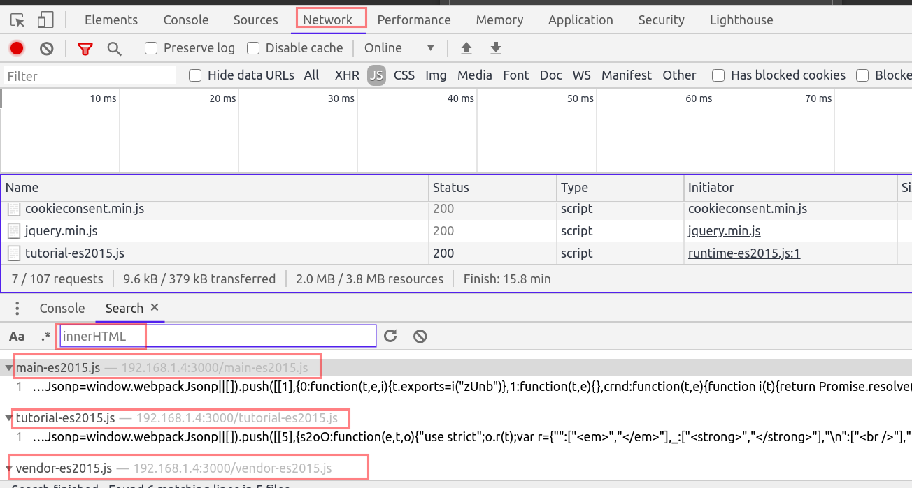 Network search results for JavaScript resources